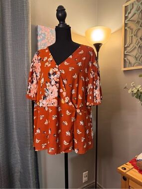 Cato Rust Floral Pleated-Sleeve Wrap Top